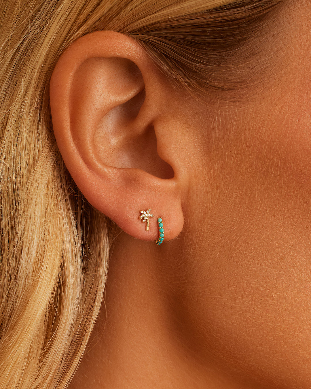 14K Gold Turquoise Row Huggies