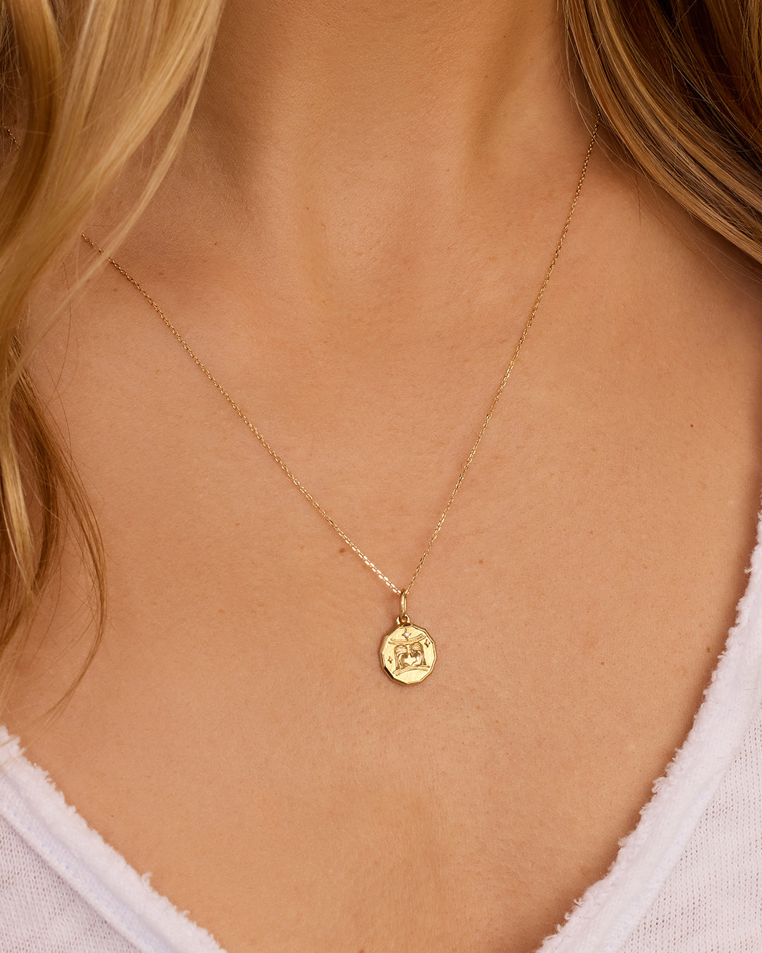 14K Diamond Zodiac Coin Charm Necklace