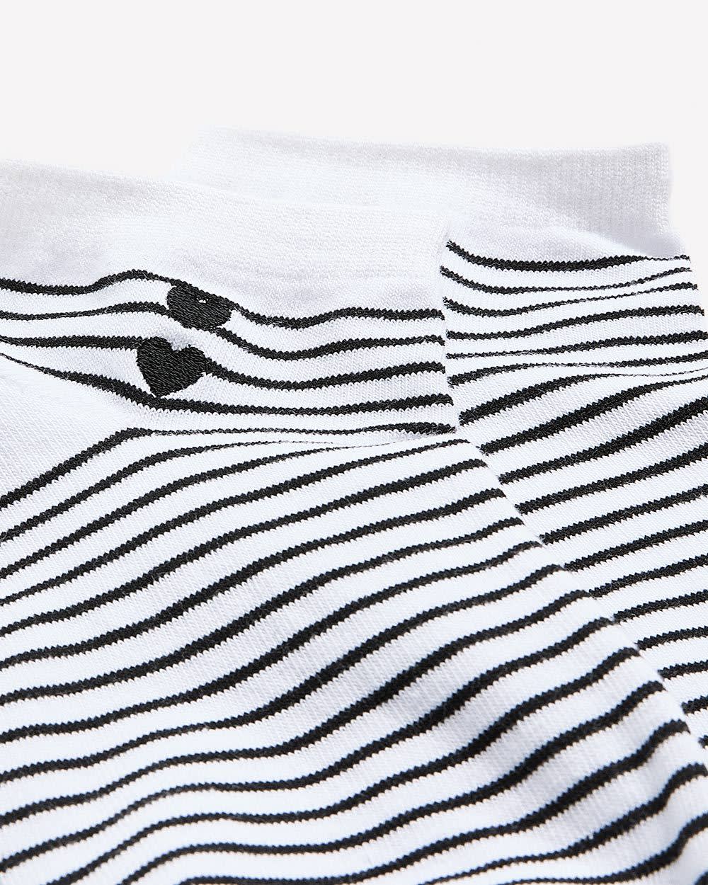 Black and White Striped Ankle Socks with Double Heart Embroidery