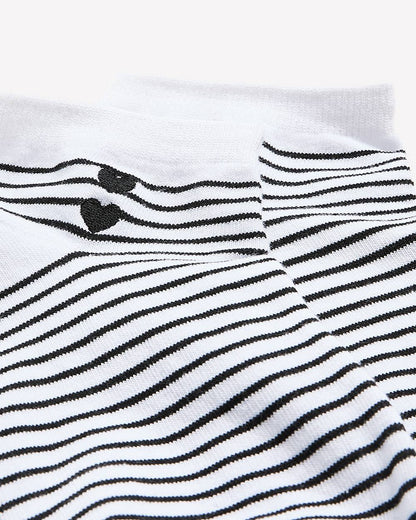 Black and White Striped Ankle Socks with Double Heart Embroidery