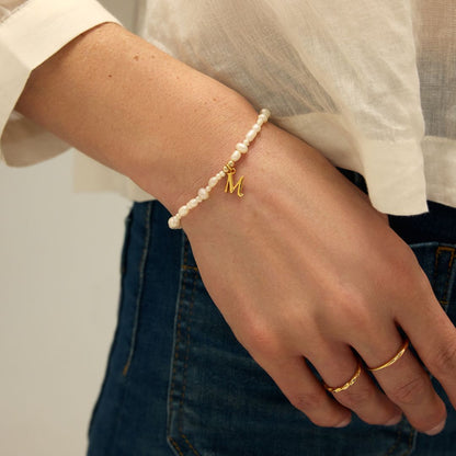 Silver Pearl Initial Letter Bracelet