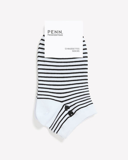 Black and White Striped Ankle Socks with Double Heart Embroidery