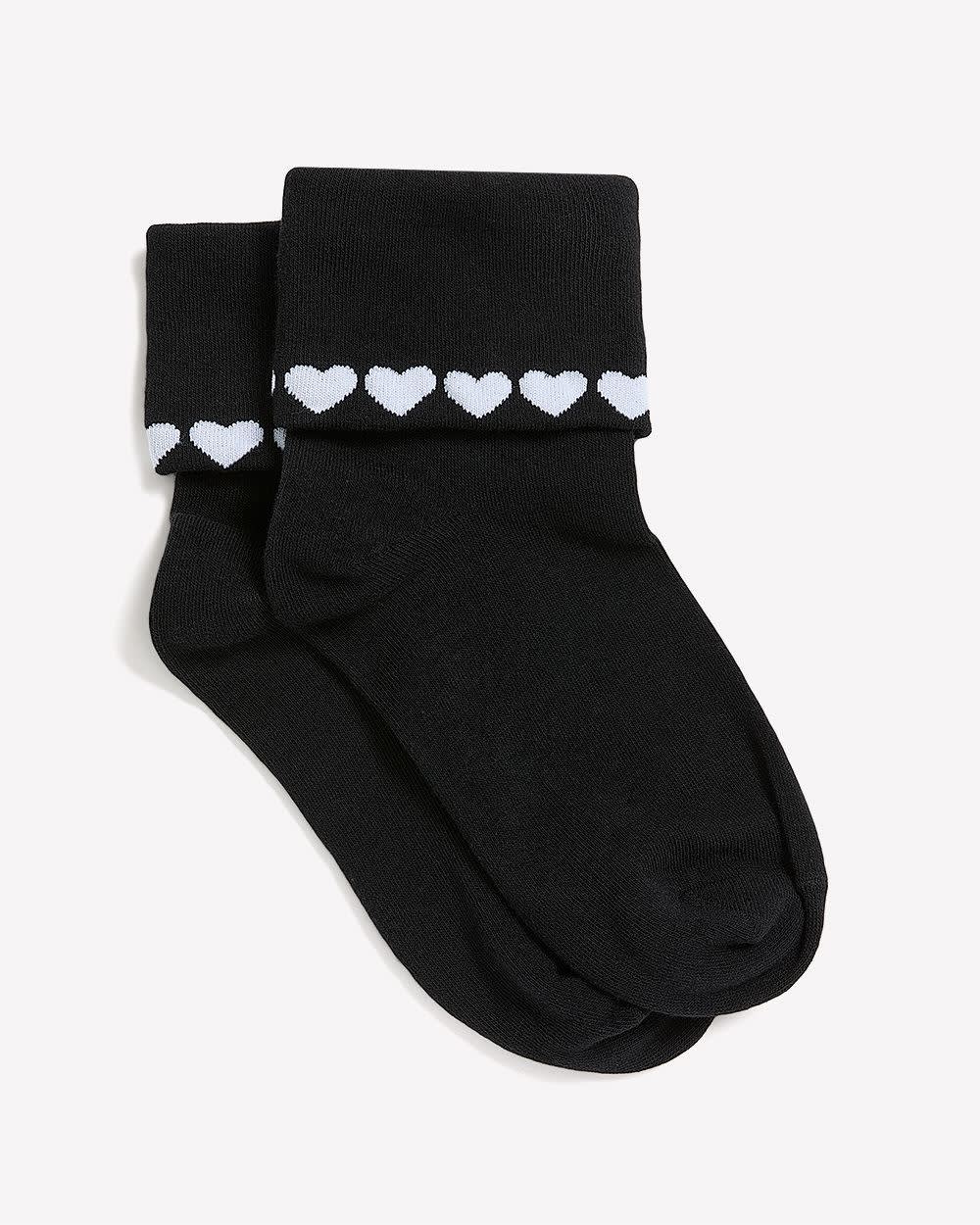 Black Fold-Over Ankle Socks with Heart Print
