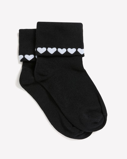 Black Fold-Over Ankle Socks with Heart Print