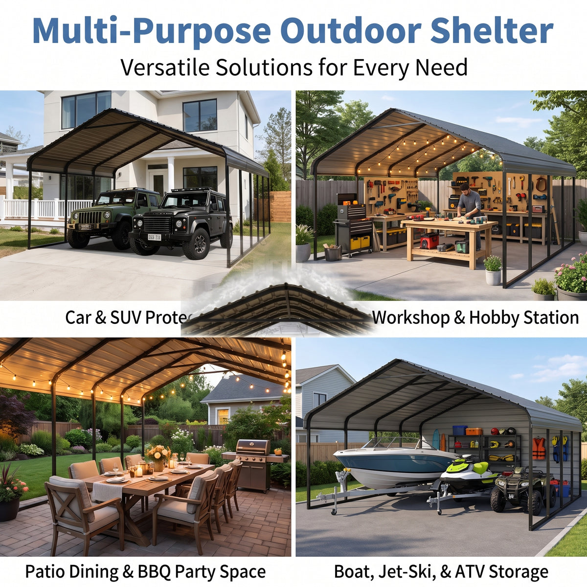 All-Weather Outdoor Carport 20×20 / 10×15 – Heavy-Duty Steel Frame Shelter for Cars, Boats & Equipment, Durable Cover, Quick Setup