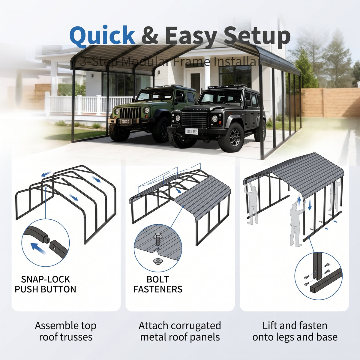 All-Weather Outdoor Carport 20×20 / 10×15 – Heavy-Duty Steel Frame Shelter for Cars, Boats & Equipment, Durable Cover, Quick Setup