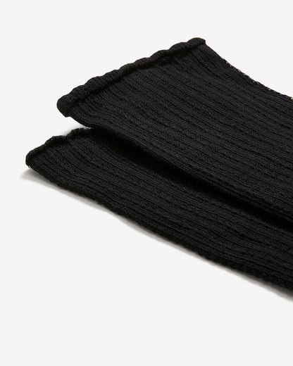 Black Textured Crew Socks with Scalloped Edge