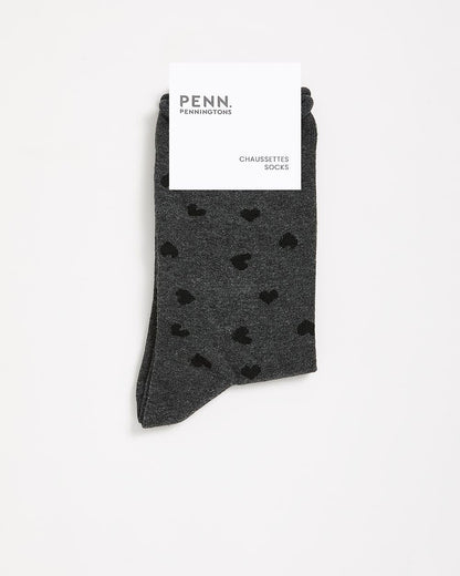 Rolled Edge Crew Socks with Heart Print