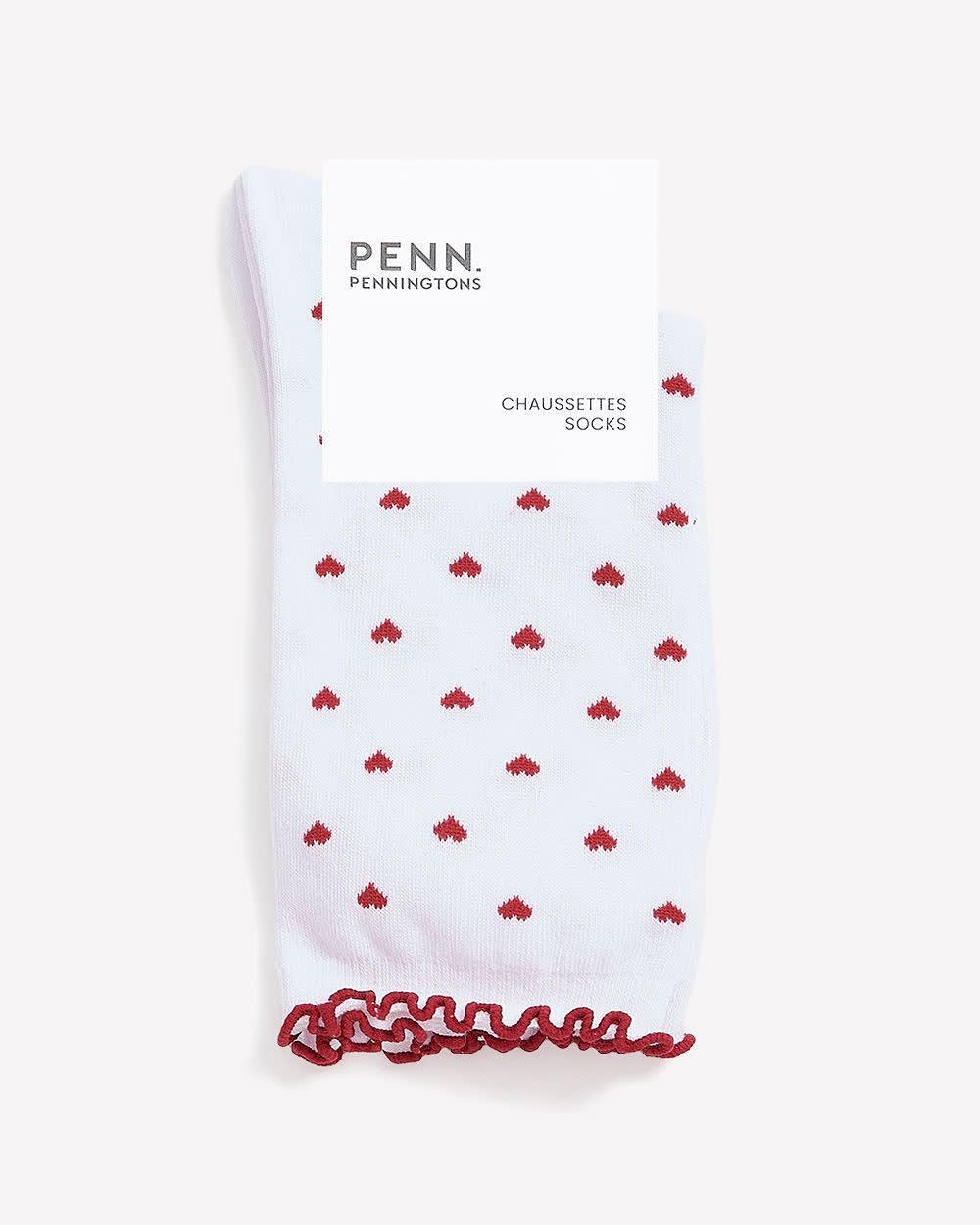 White Lettuce-Edge Crew Socks with Heart Print