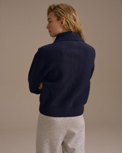 Knit Collar Cardigan - Navy Blue