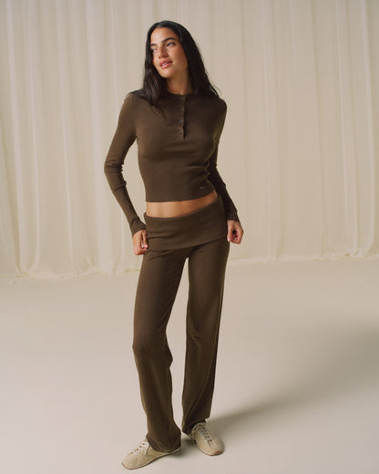 Knit Button Up Top - Dark Mocha Brown