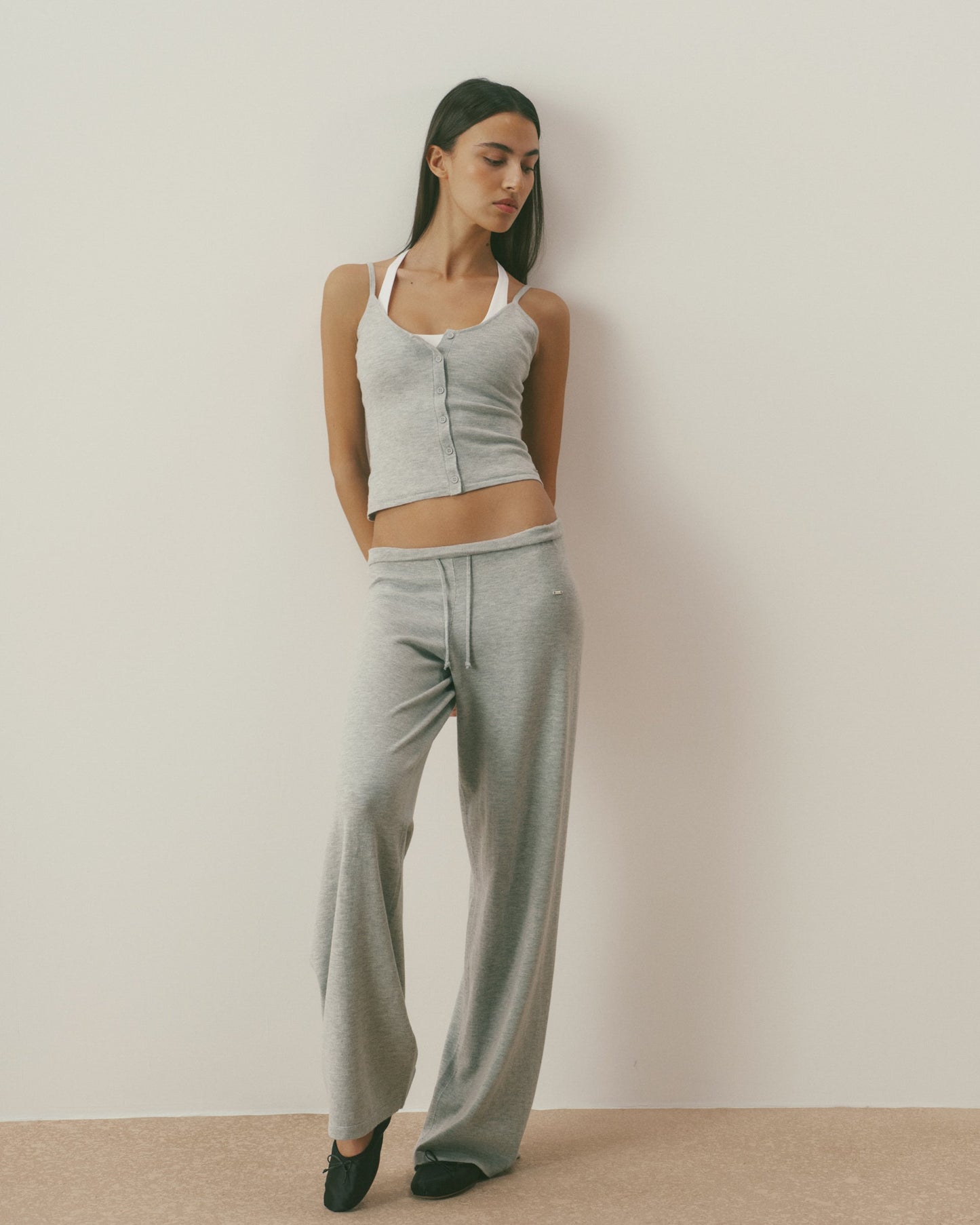 Knit Low Rise Straight Leg Pants - Grey Melange