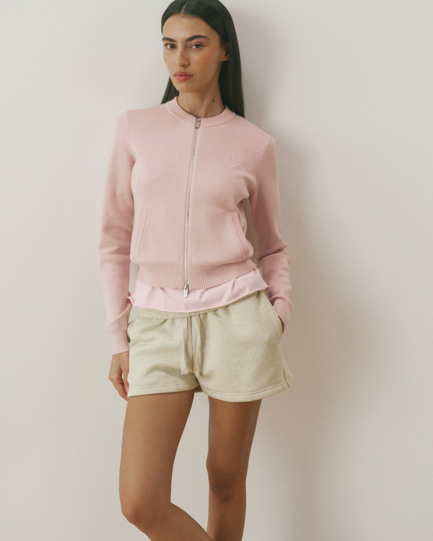 Varsity Knit Zip Through Cardigan - Pink