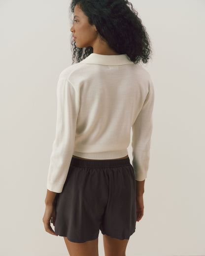 Fine Gauge Knit Collared Top - Marshmallow White