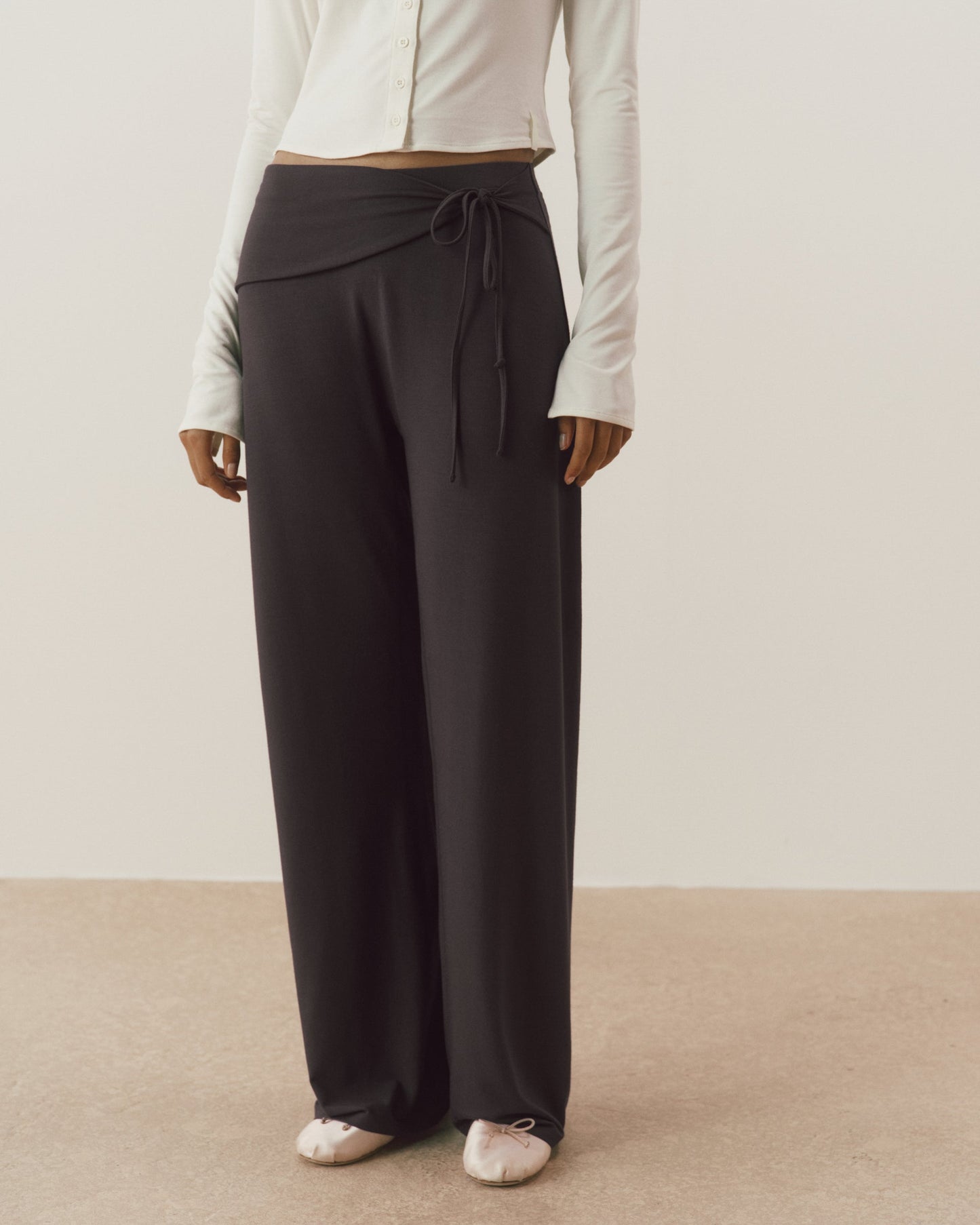 Modal Wrap Tie Waist Pants - Coffee Bean
