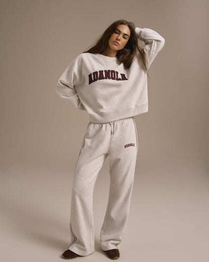 Varsity Loose Fit Straight Leg Sweatpants - Light Grey Melange/Dark Cherry