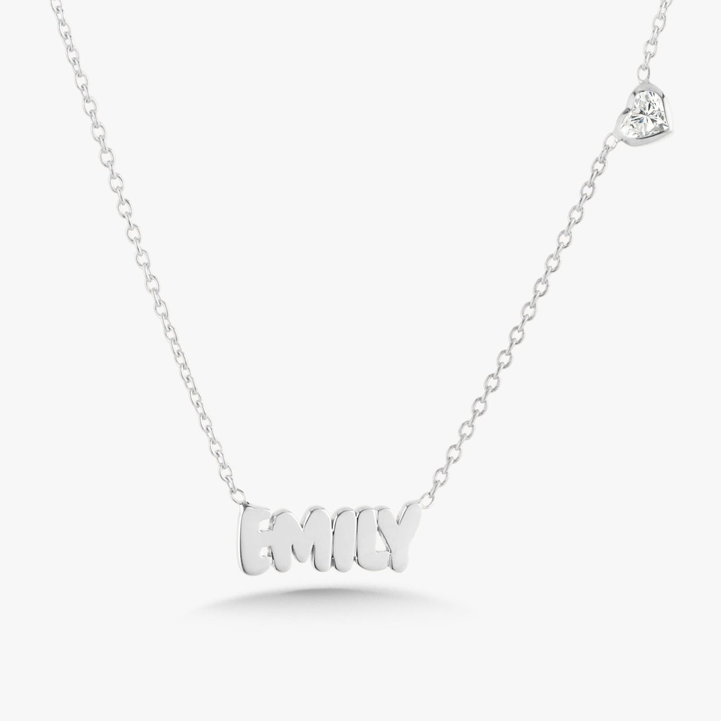 Custom Gold Bubble Name Necklace with Bezeled Heart Diamonds