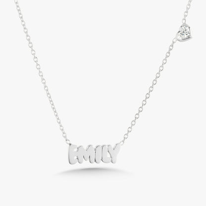 Custom Gold Bubble Name Necklace with Bezeled Heart Diamonds