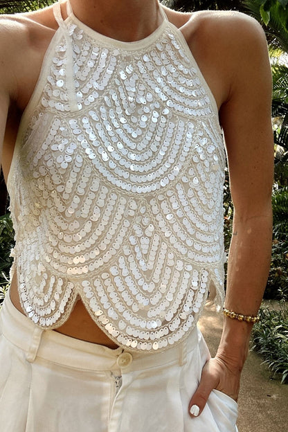 Cleo White Sequin Halter Tie Top