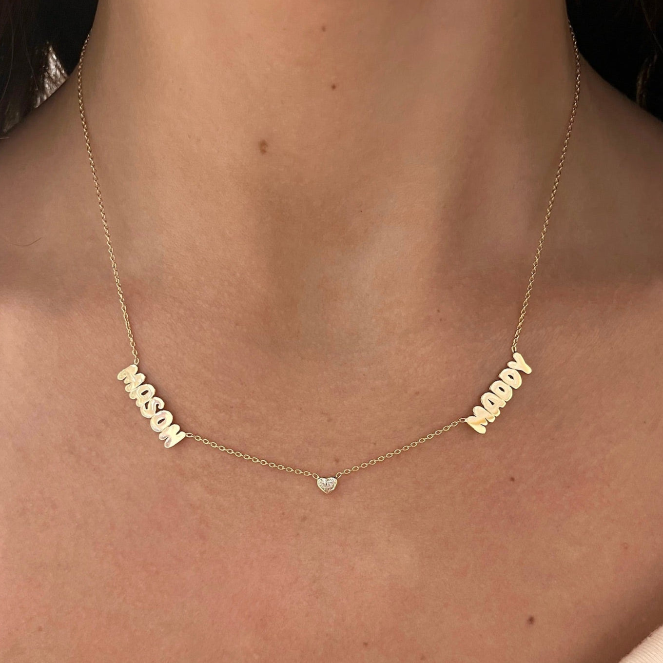 Custom Gold Bubble Name Necklace with Bezeled Heart Diamonds