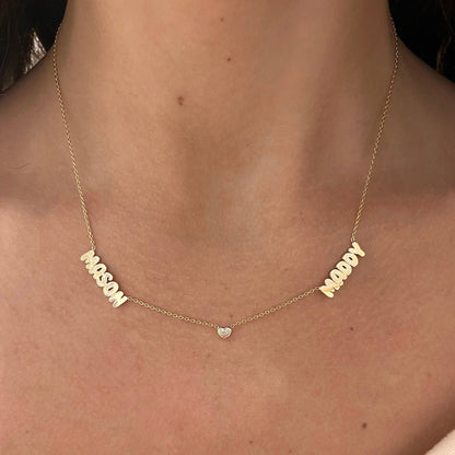 Custom Gold Bubble Name Necklace with Bezeled Heart Diamonds