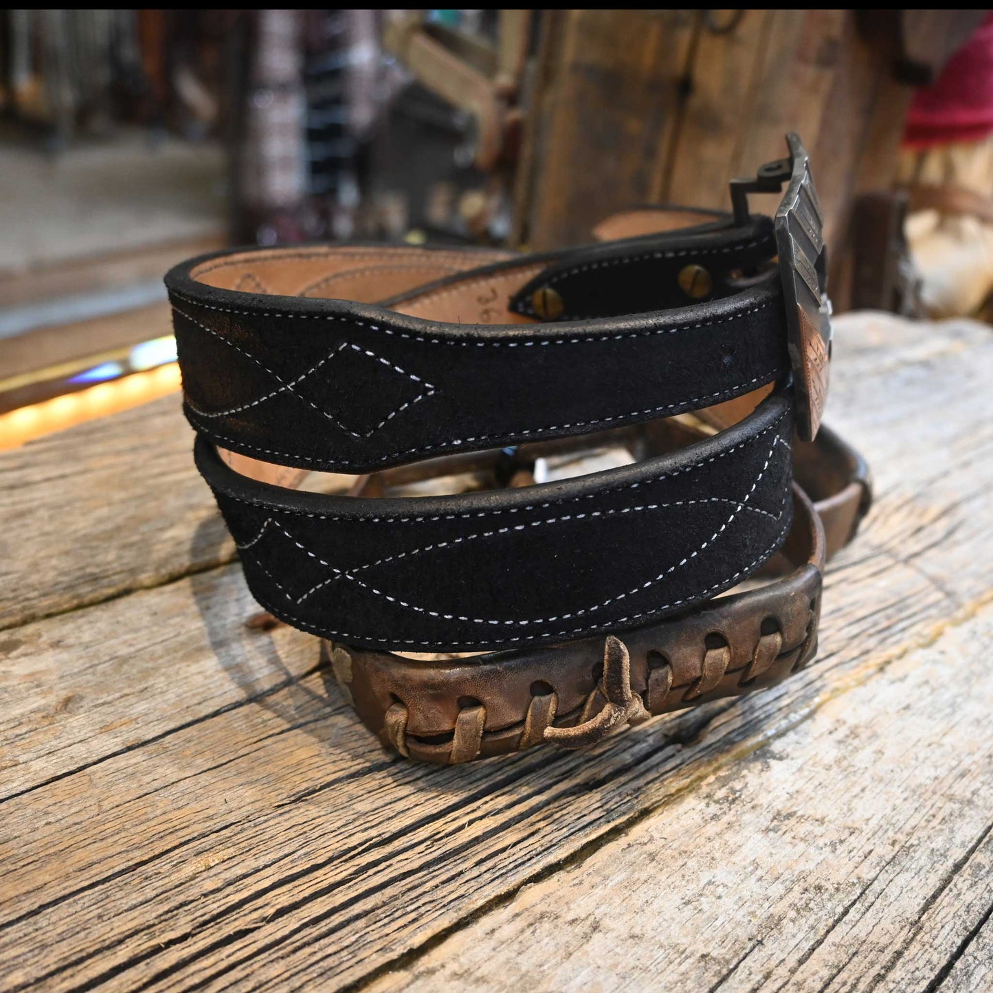 Adam Lahey Black Stitched Roughout Belt