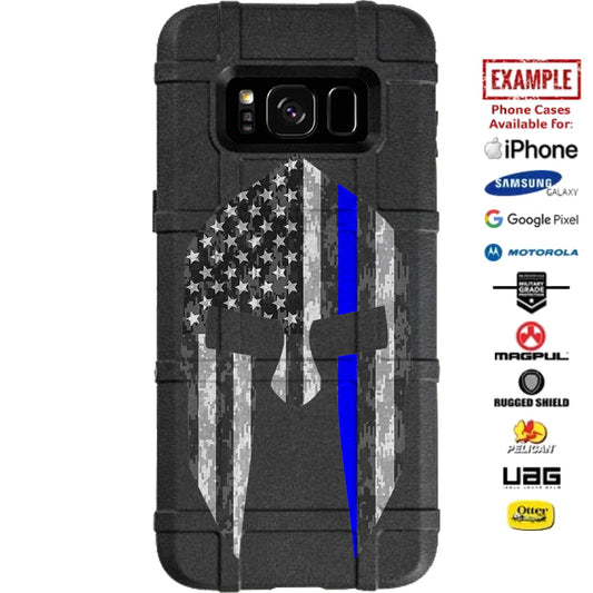 Thin Blue Line Spartan, U.S. Flag Subdued Digital Camouflage Custom Printed Case Design for Apple, Samsung, Google & Motorola Phone Models