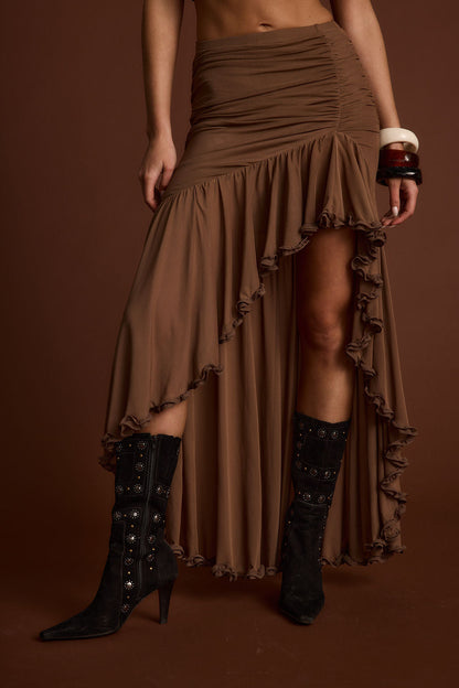 Evanna Brown High Low Ruffle Mesh Maxi Skirt