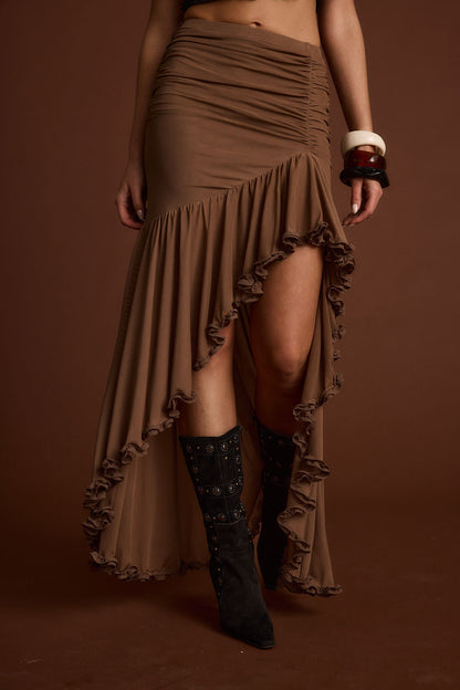 Evanna Brown High Low Ruffle Mesh Maxi Skirt