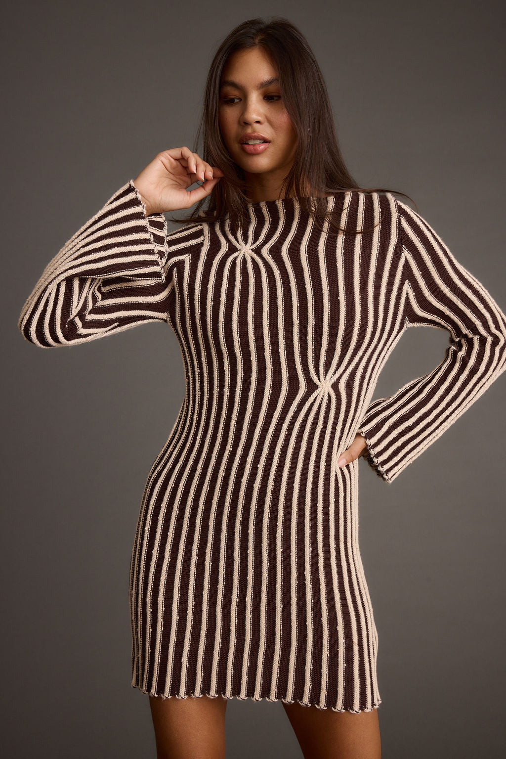 Ember Brown and Cream Knit Striped Mini Dress