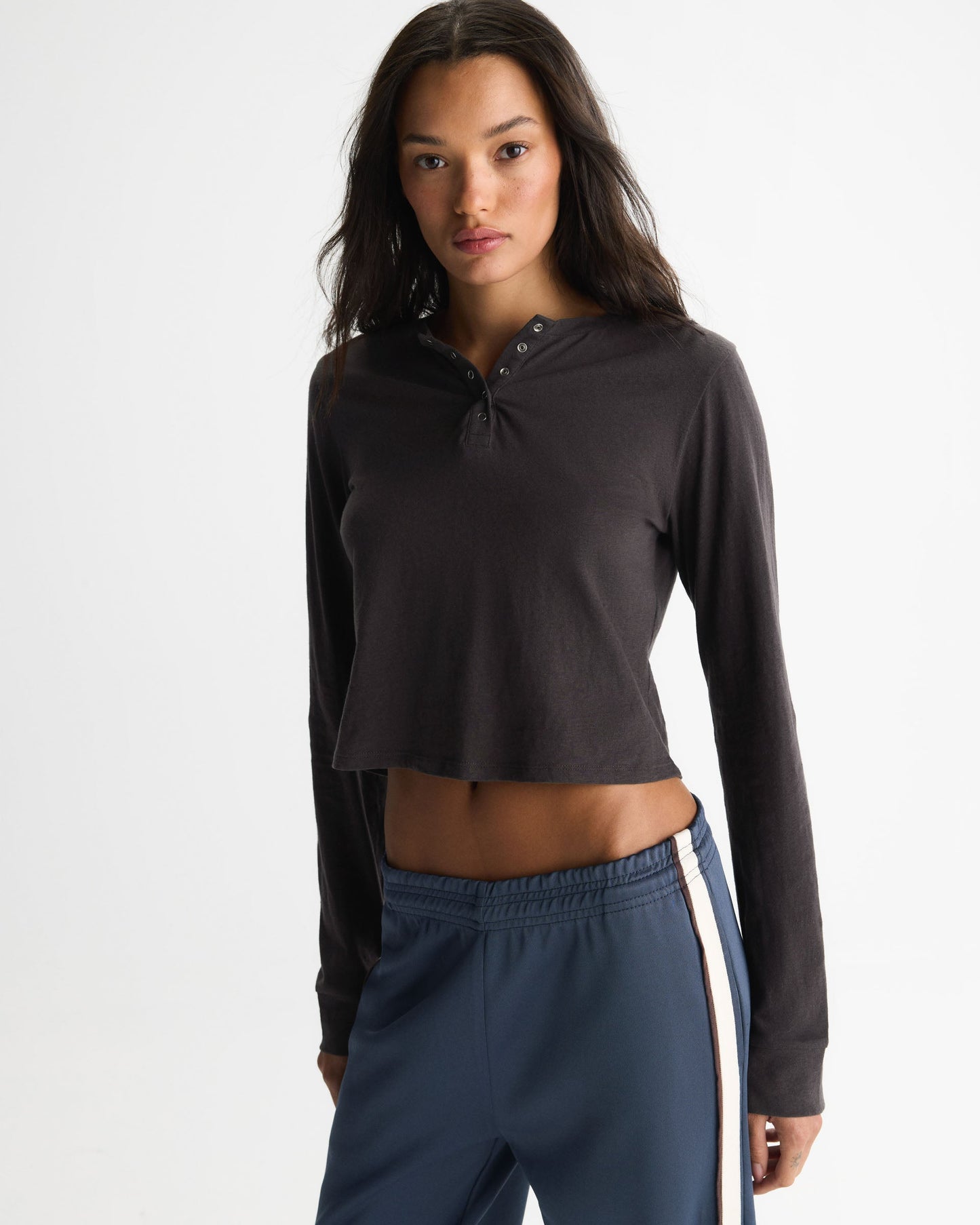 Slub Long Sleeve Button Up Lounge Top - Coffee Bean