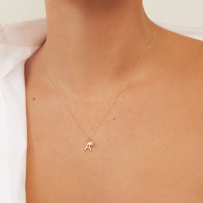 Solid White Gold Initial and Pearl Drop Necklace