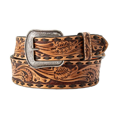 3D Men's Leaf Scroll Embossed Leather Belt