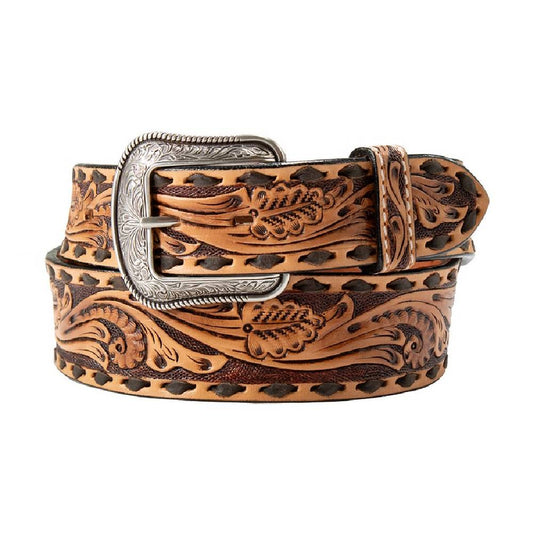3D Men's Leaf Scroll Embossed Leather Belt