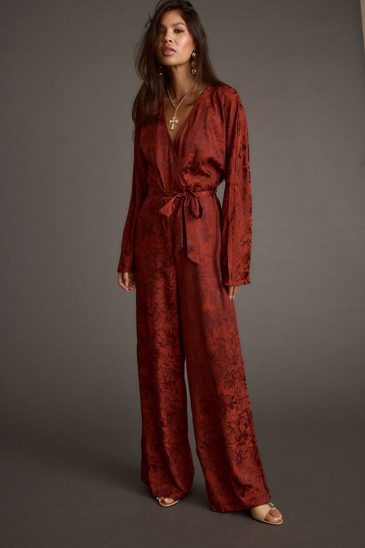 Noelle Cinnamon Satin Jacquard Jumpsuit