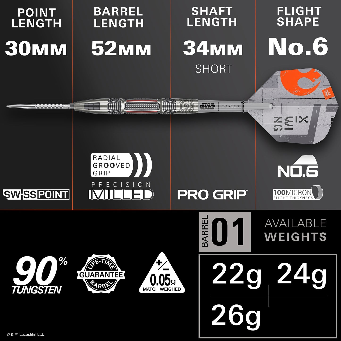 TARGET x STAR WARS - 26g - X WING - Steel Tip Swiss Point - 90% Tungsten Darts