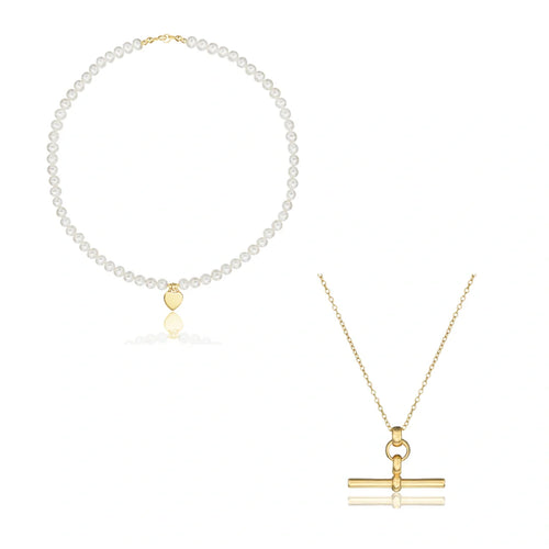Gold T-Bar and Large Pearl Personalised Heart Necklace Gift Set