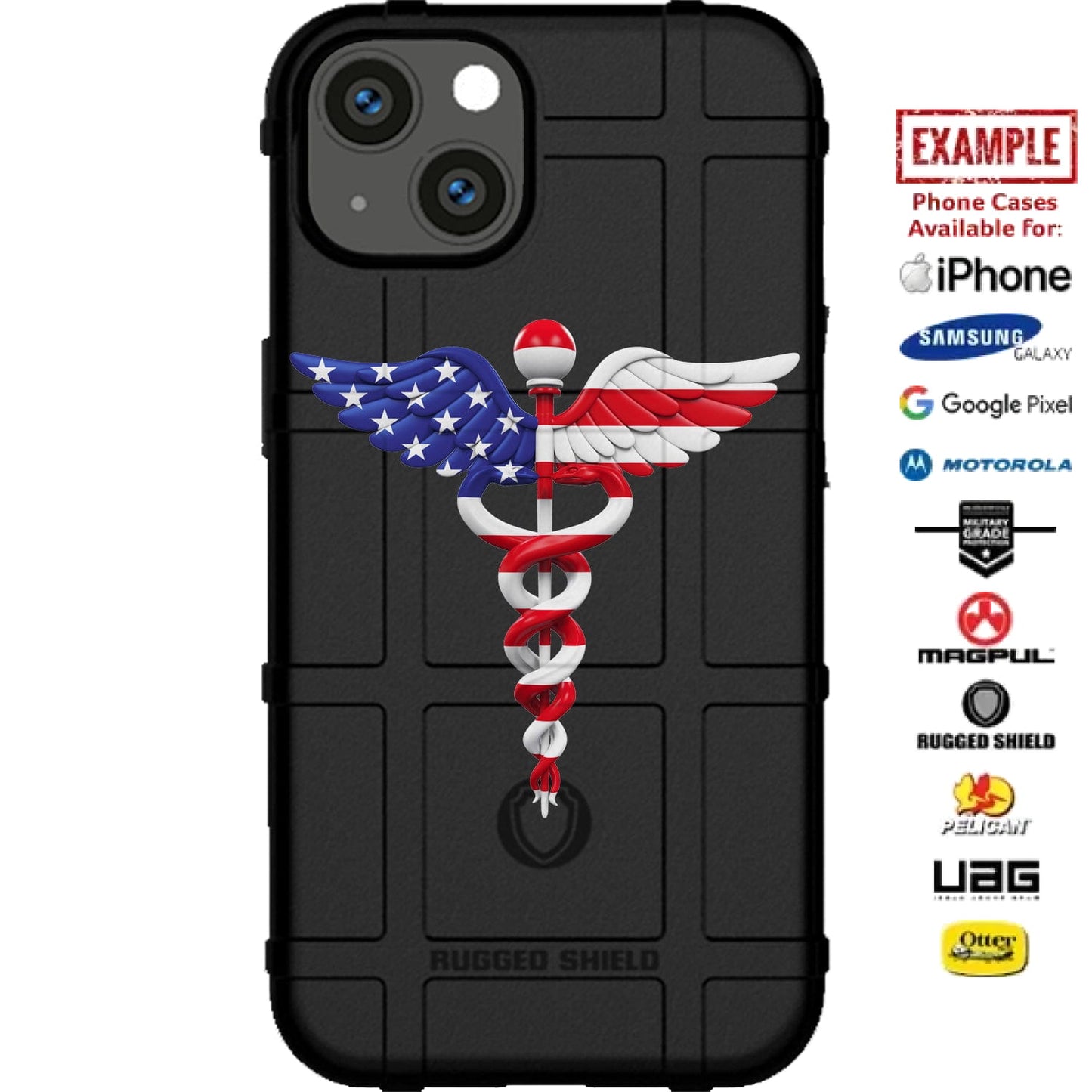 Caduceus Staff Hermes, Mercury on US Flag Custom Printed Case Design for Apple, Samsung, Google & Motorola Phone Models