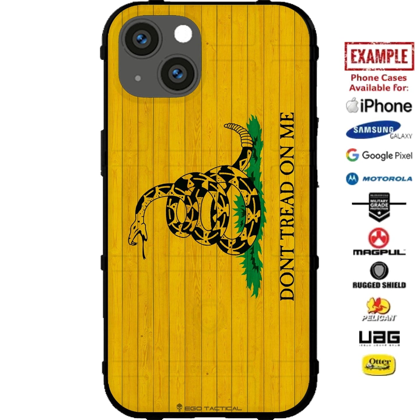 Don't Tread on Me Yellow Gadsden Wooden Flag Custom Printed Case Design for Apple, Samsung, Google & Motorola Phone Models