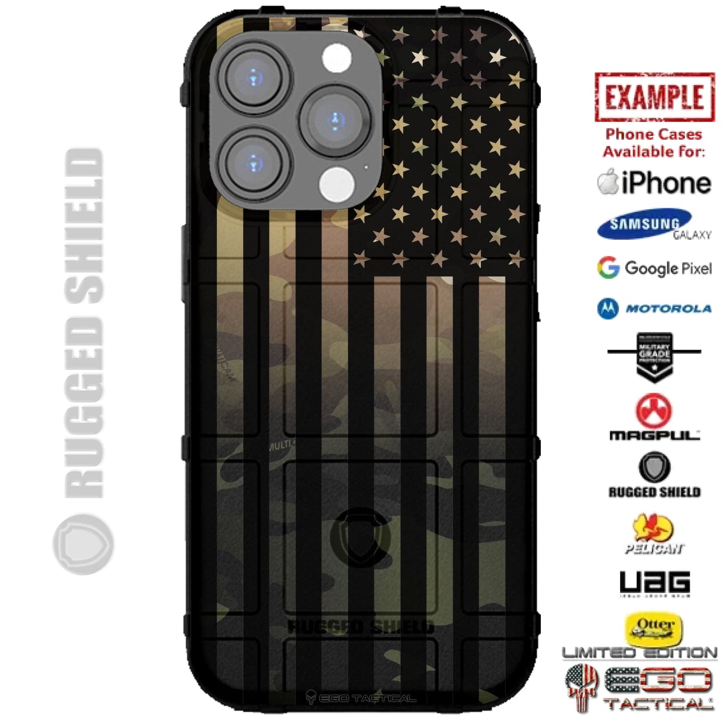 Multicam Fade to Multicam Black US American Flag Custom Printed Case Design for Apple, Samsung, Google & Motorola Phone Models