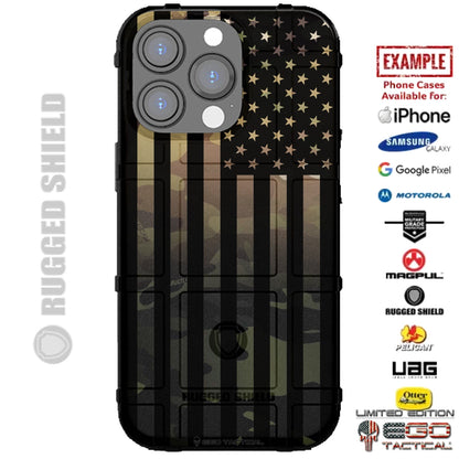 Multicam Fade to Multicam Black US American Flag Custom Printed Case Design for Apple, Samsung, Google & Motorola Phone Models