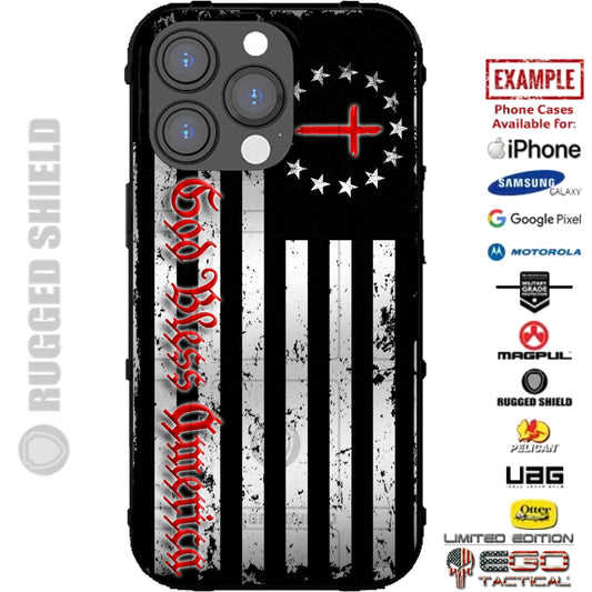 13 Star Cross Subdued American Flag, God Bless America Script Custom Printed Case Design for Apple, Samsung, Google & Motorola Phone Models