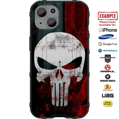 Red or Blue Tattered Punisher Custom Printed Case Design for Apple, Samsung, Google & Motorola Phone Models
