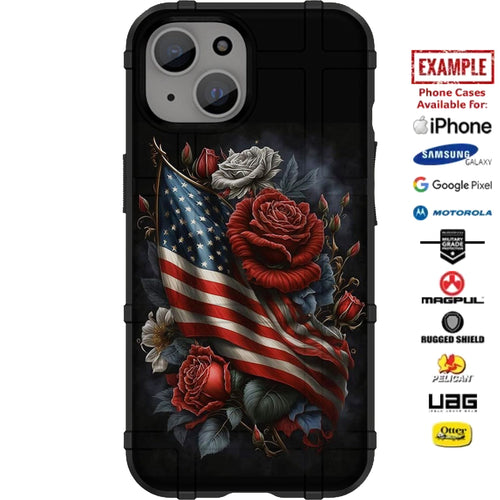 US Flag and Roses Custom Printed Case Design for Apple, Samsung, Google & Motorola Phone Models
