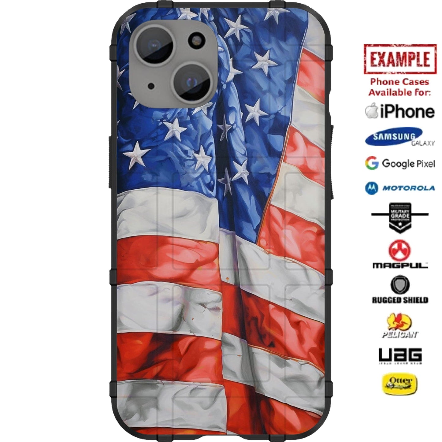 US American Flag Waving Custom Printed Case Design for Apple, Samsung, Google & Motorola Phone Models