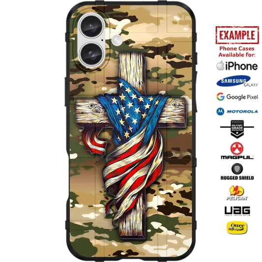 Wood Cross Draped in the US Flag over OCP Multicam Camo Custom Printed Case Design for Apple, Samsung, Google & Motorola Phone Models