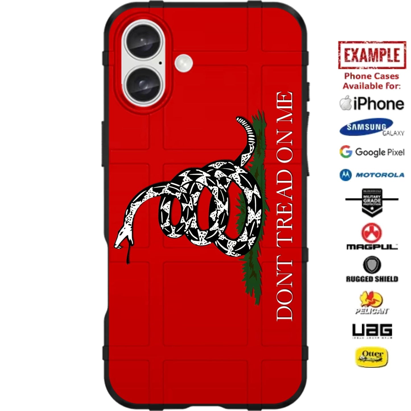 Red Don't Tread on Me Gadsden Flag Custom Printed Case Design for Apple, Samsung, Google & Motorola Phone Models