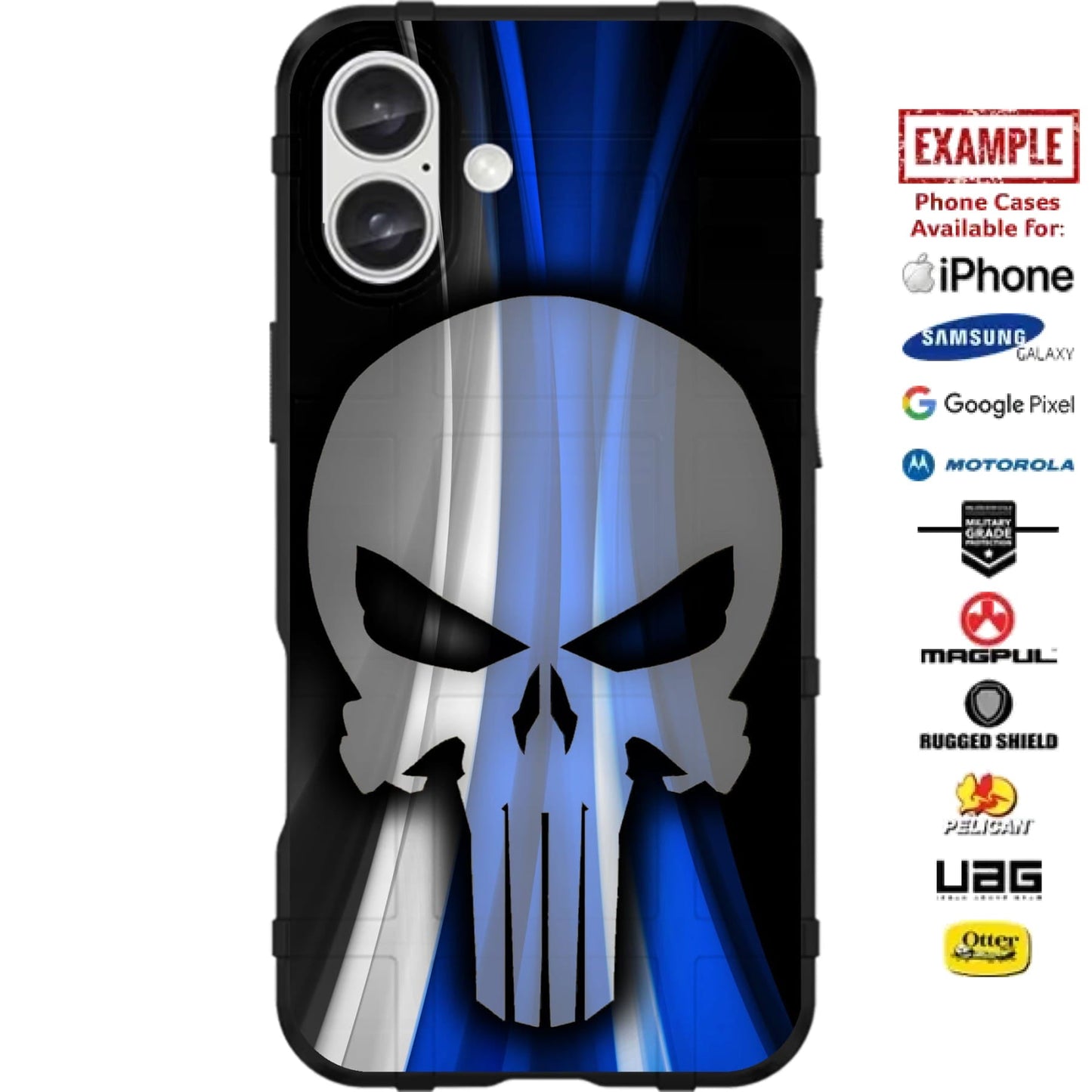 Thin Blue Line Police Ghost Punisher Custom Printed Case Design for Apple, Samsung, Google & Motorola Phone Models