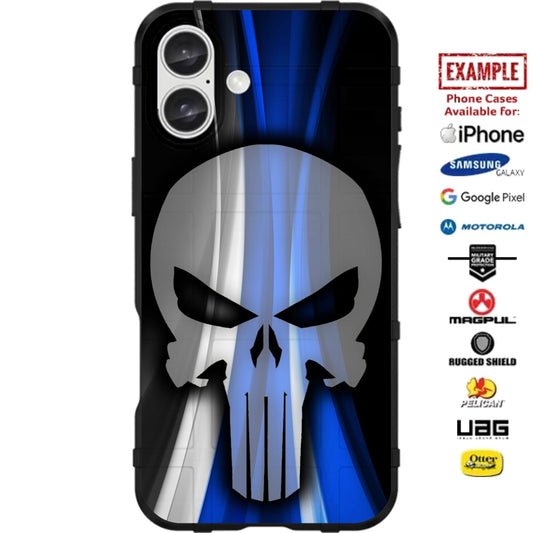 Thin Blue Line Police Ghost Punisher Custom Printed Case Design for Apple, Samsung, Google & Motorola Phone Models