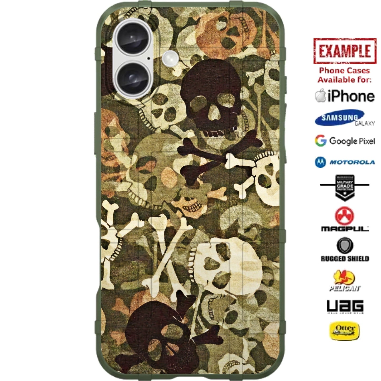 Green Skulls Camo Print Custom Printed Case Design for Apple, Samsung, Google & Motorola Phone Models